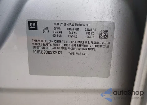 2012 Chevrolet Cruze Eco z USA, uszkodzony, nr VIN 1G1PJ5SC8C7323121